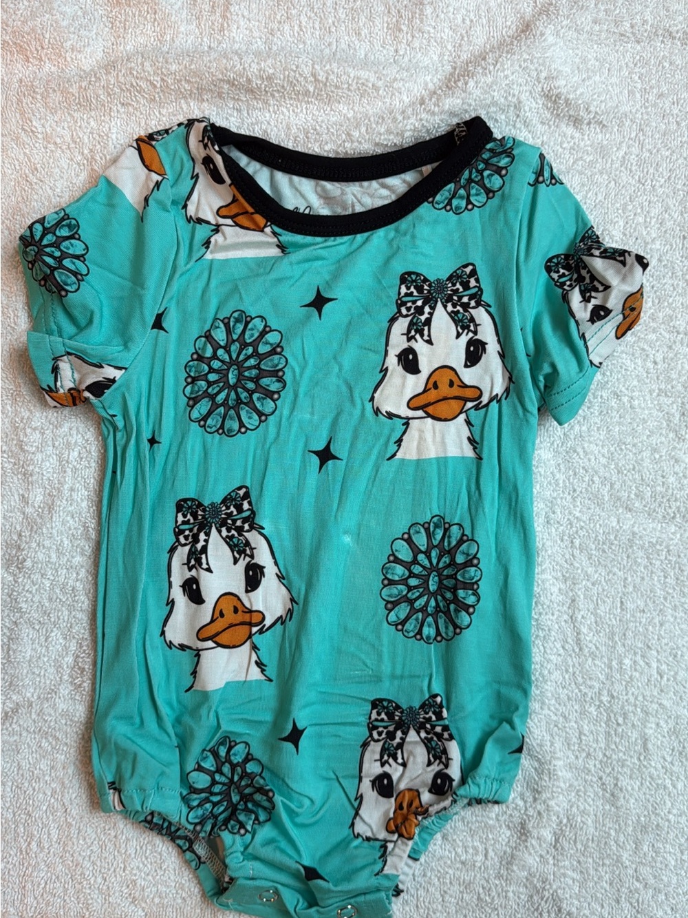 BAMBOO Teal Duck Print One-Piece Bodysuit with Black Trim